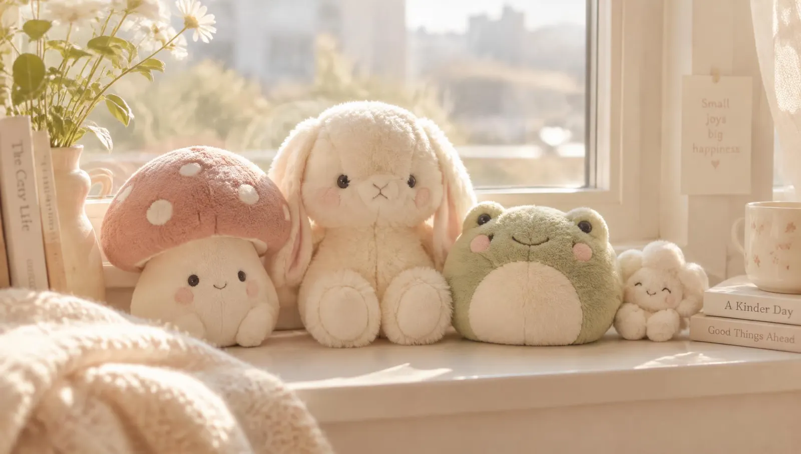 Өглөөний гэрэлд цонхны тавцан дээр суусан зөөлөн тоглоомнууд